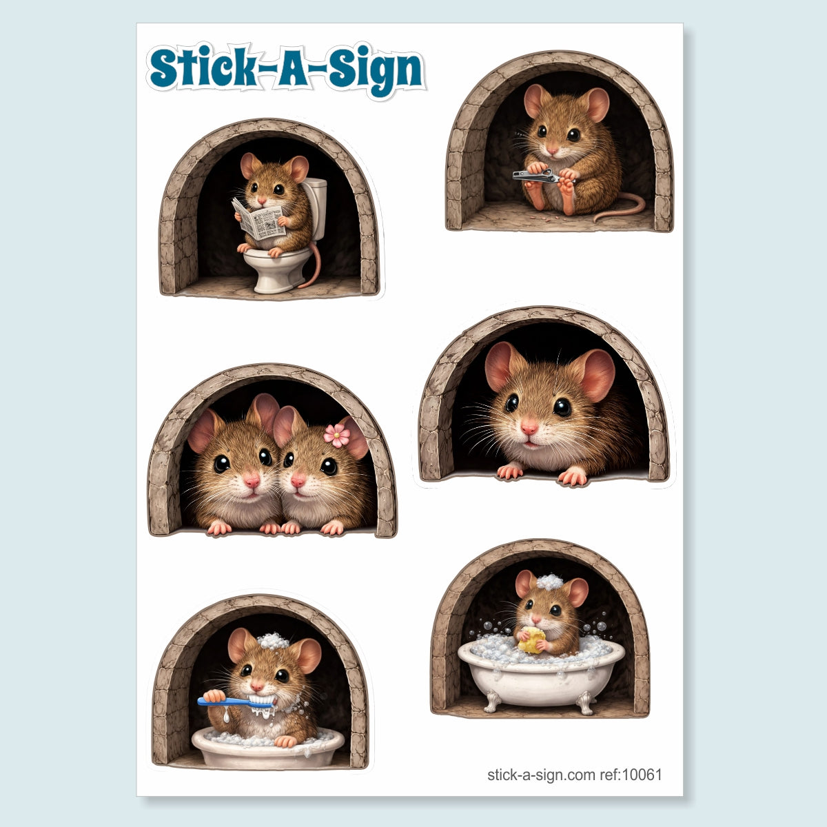 Cute Mice in Skirting Board Sticker Sheet, 6x 7cm Stickers