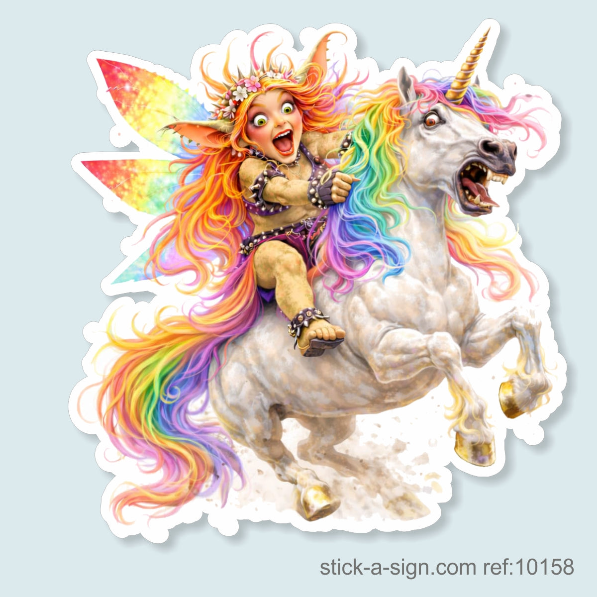 Fairy Troll Riding Crazy Unicorn Vinyl Sticker